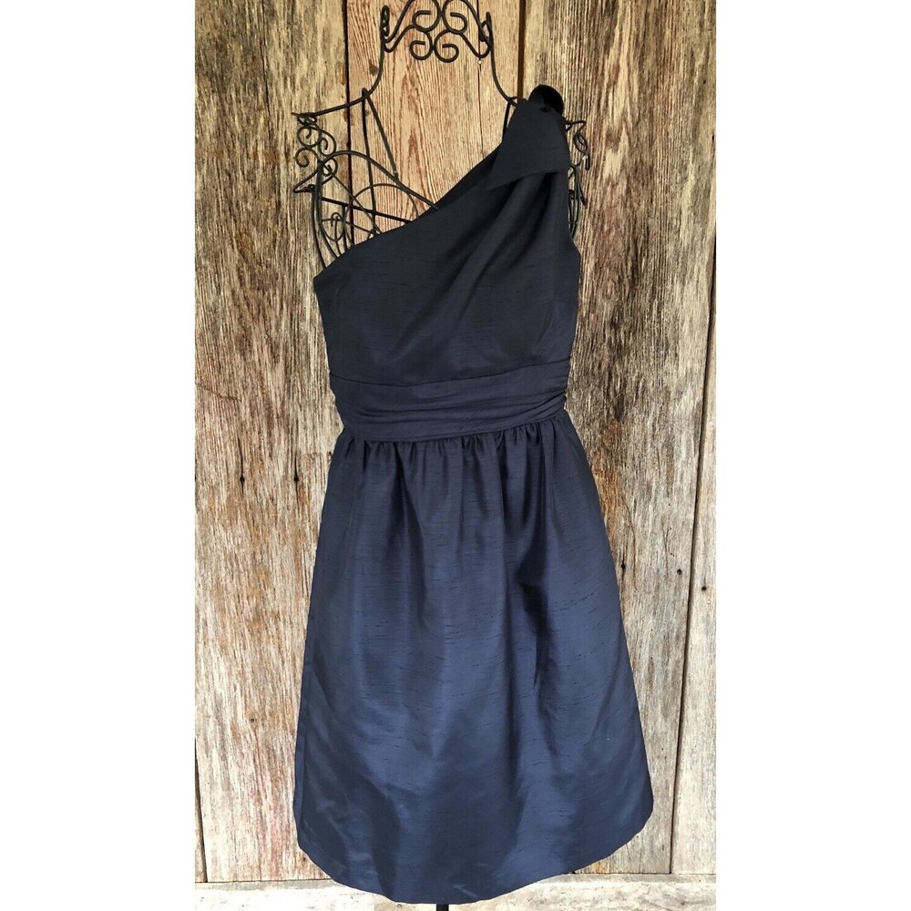 Jenny Yoo 6 Navy Blue Crinkle empire waist one shoulder Knee Length Prom dress